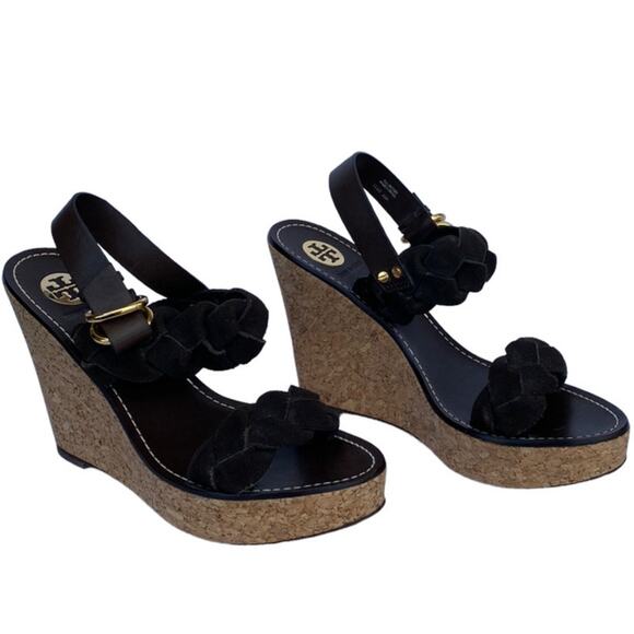 Tory Burch Brown Leather Braided Strap Open Toe Ankle Strap Wedge Sandal 10.5M - Picture 1 of 10